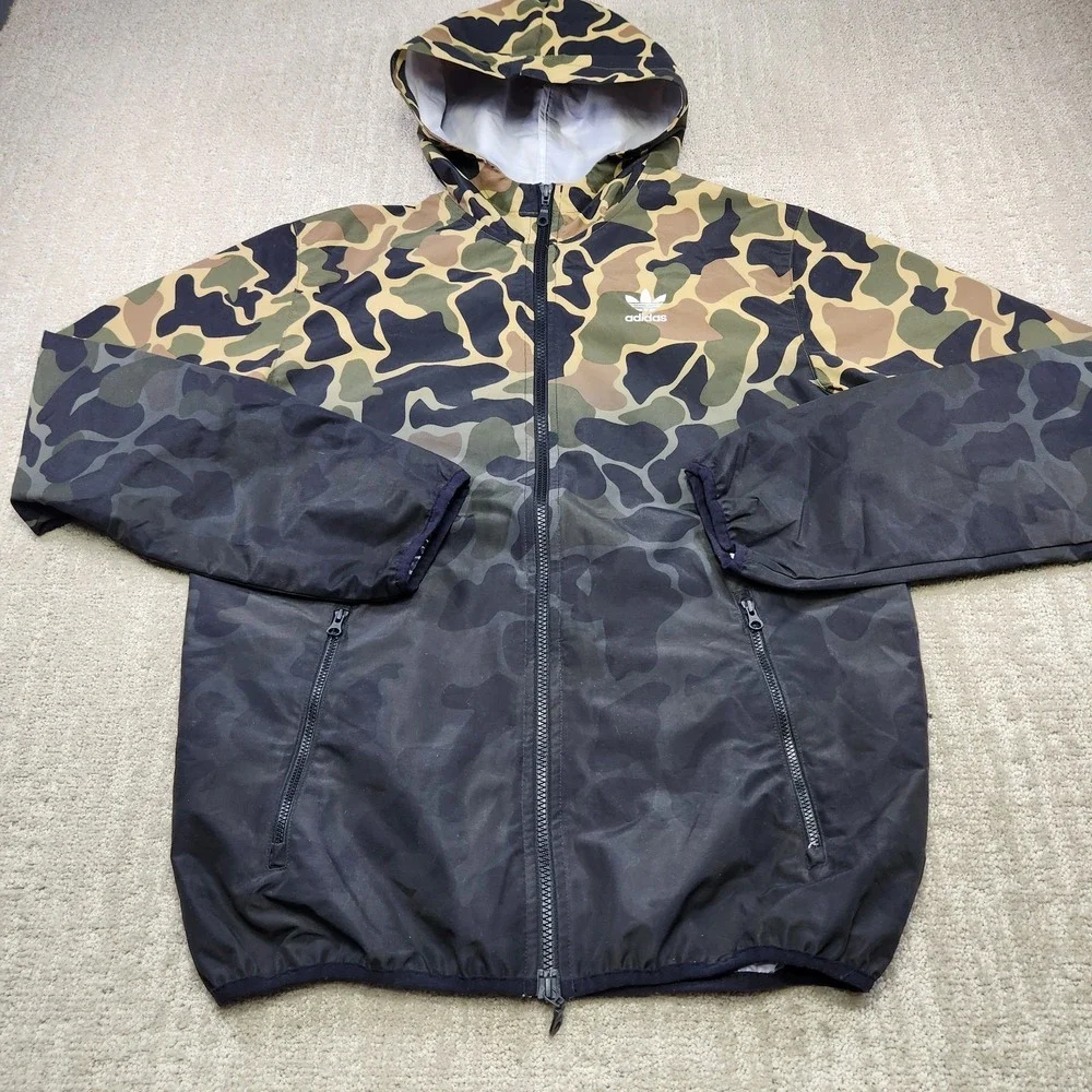 Adidas Jacket Men Small Duck Camo Windbreaker Water Resistant Black Skate Hoodie